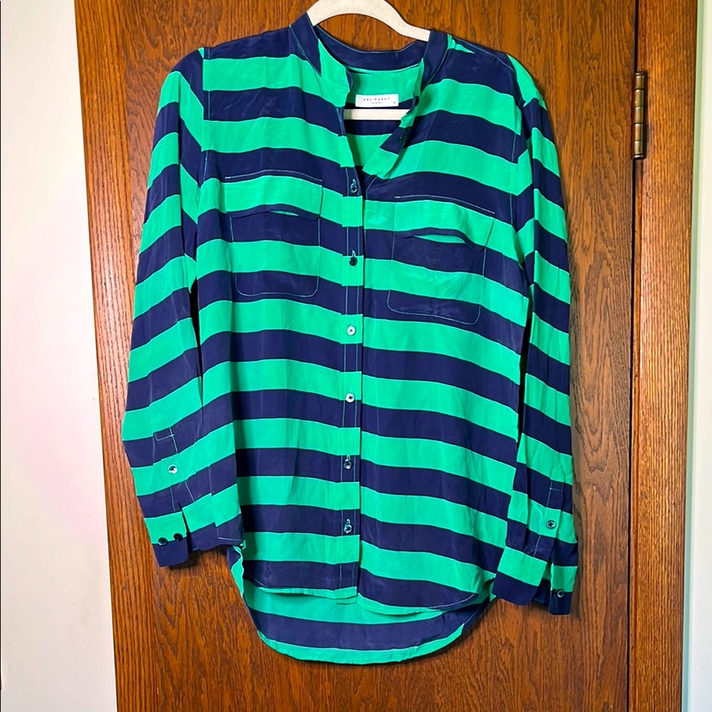 Equipment Striped SilkGreen and Blue Button-Up Shirt